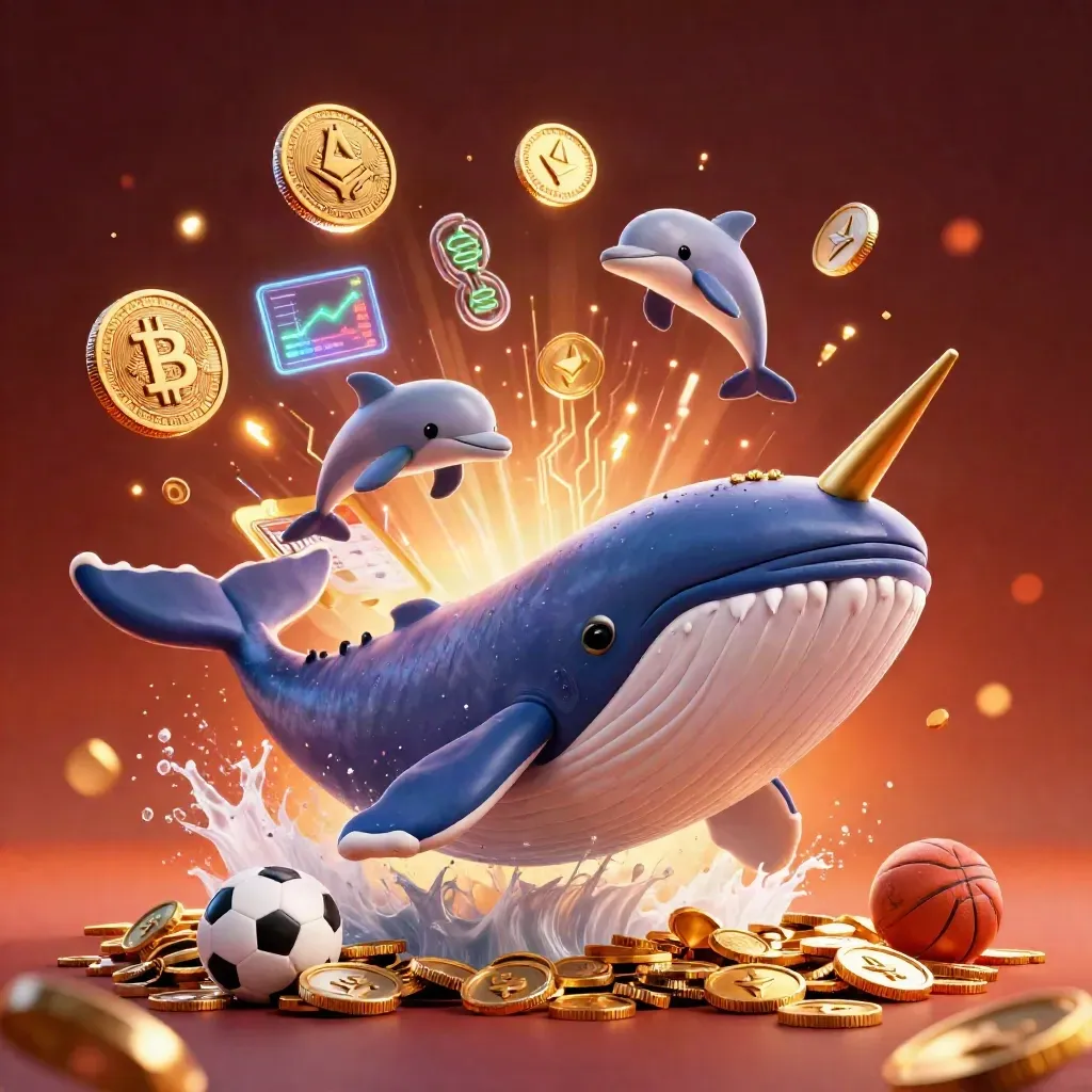 Whale captain, narwhal and dolphins burst through coin spray with crypto icons and sports balls.