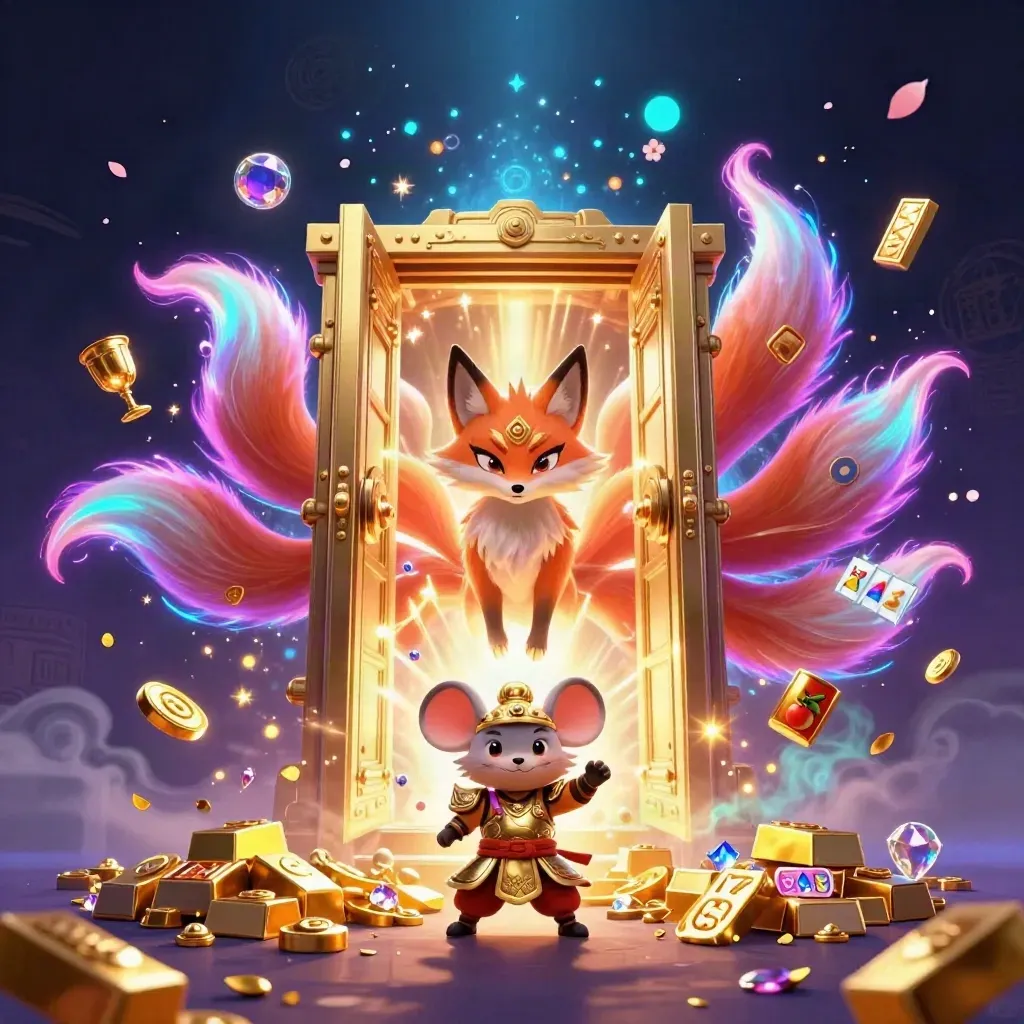 Nine-tailed fox spirit and samurai mouse bursting from a golden vault amid treasure and neon magic