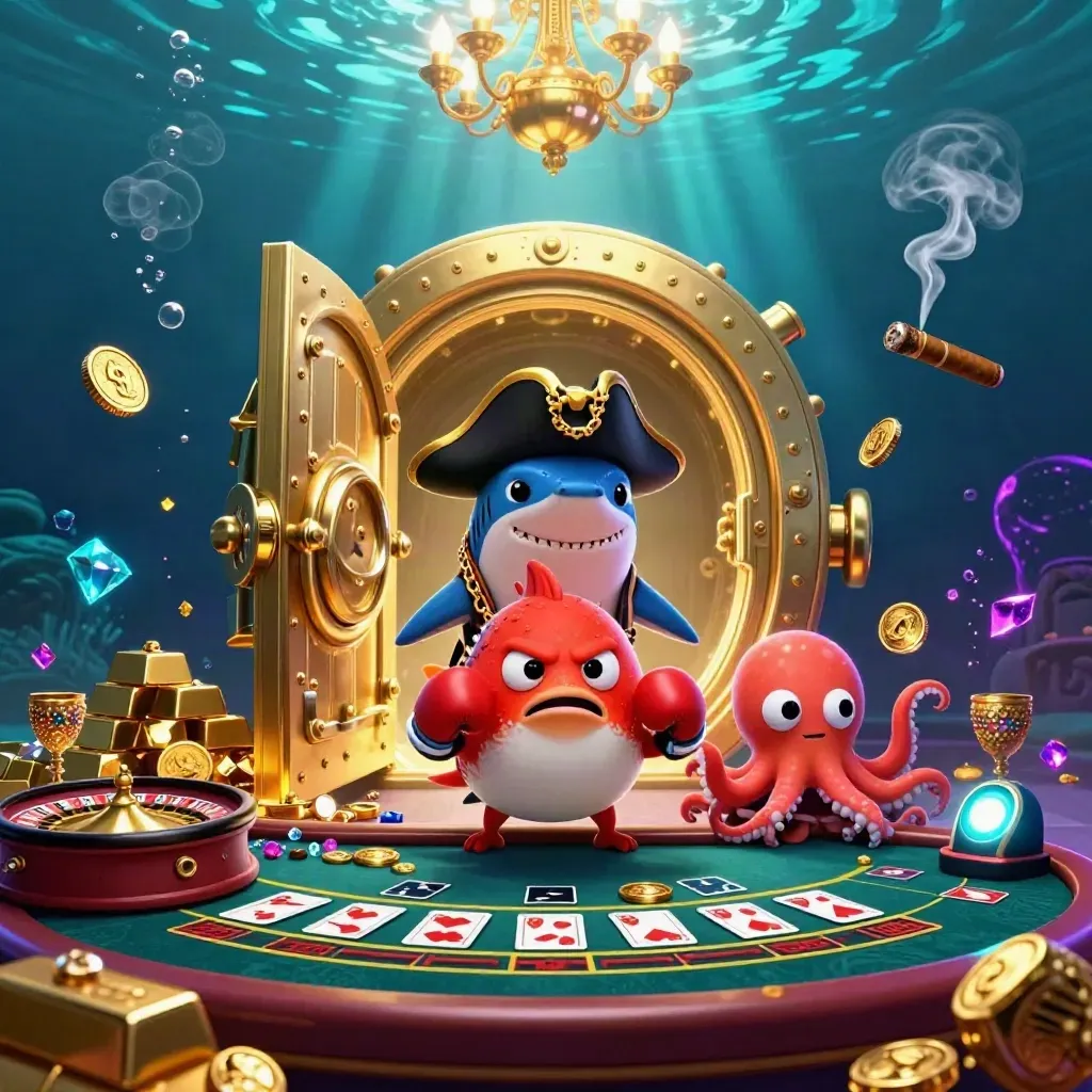 Pirate shark, boxing pufferfish, and juggling octopus amid a glowing treasure vault underwater casino.