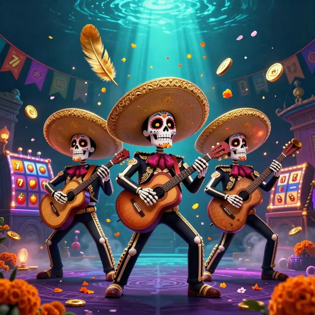 Day-of-the-Dead skeleton mariachi trio amid gold relics, petals, runes, and neon casino magic