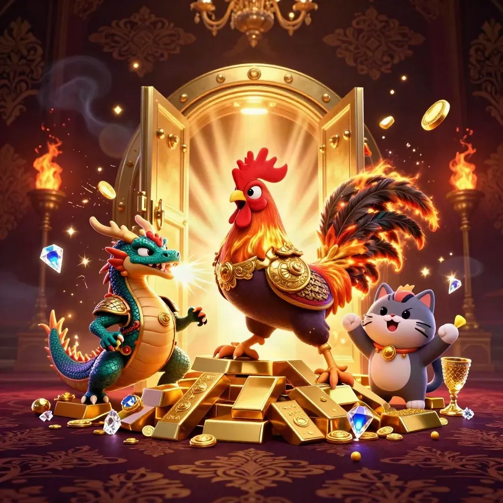 Rooster warrior, dragon hatchling, and fortune-cat burst from a golden vault with gems and embers