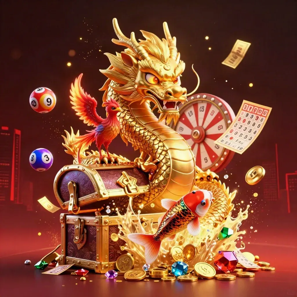 Golden dragon with phoenix and koi bursting from treasure in a casino fantasy scene.