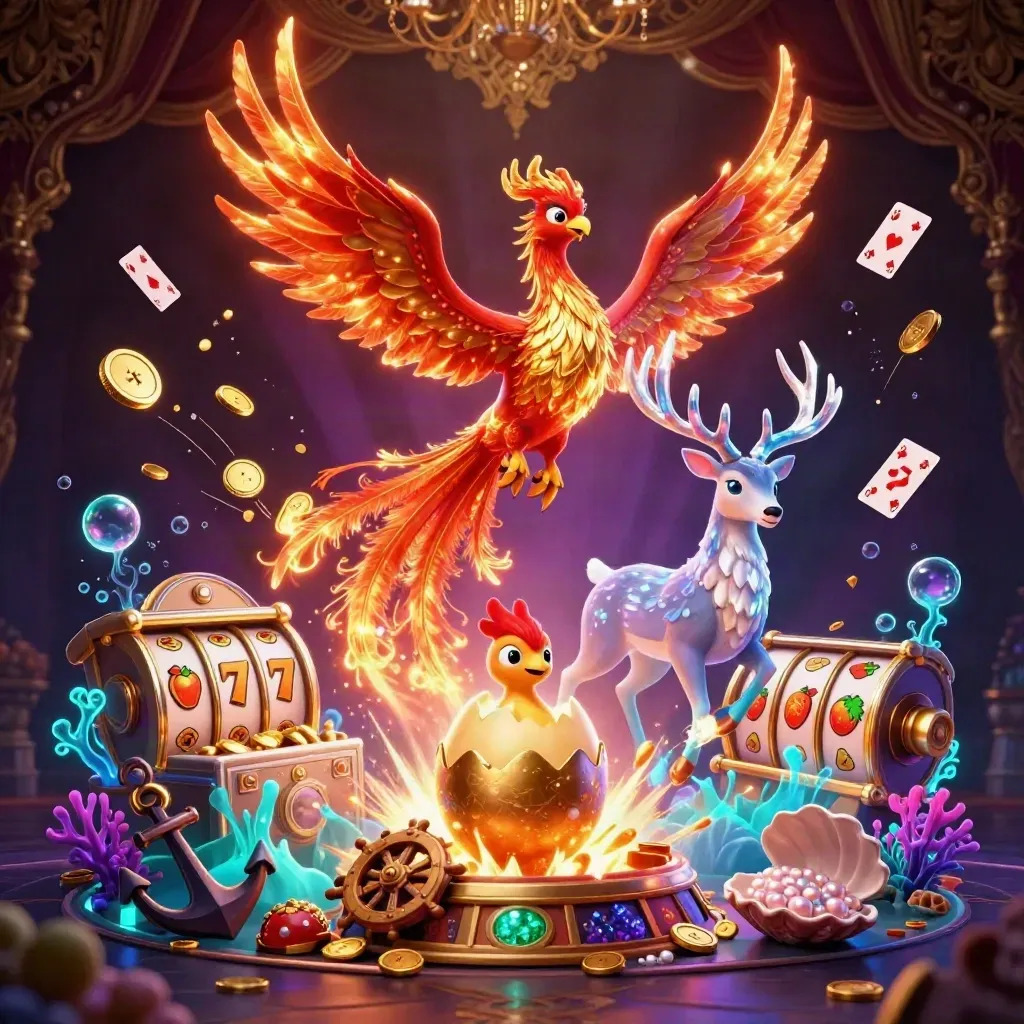 Phoenix, baby phoenix, and crystal stag amid coin burst, treasure cove, and casino glow.