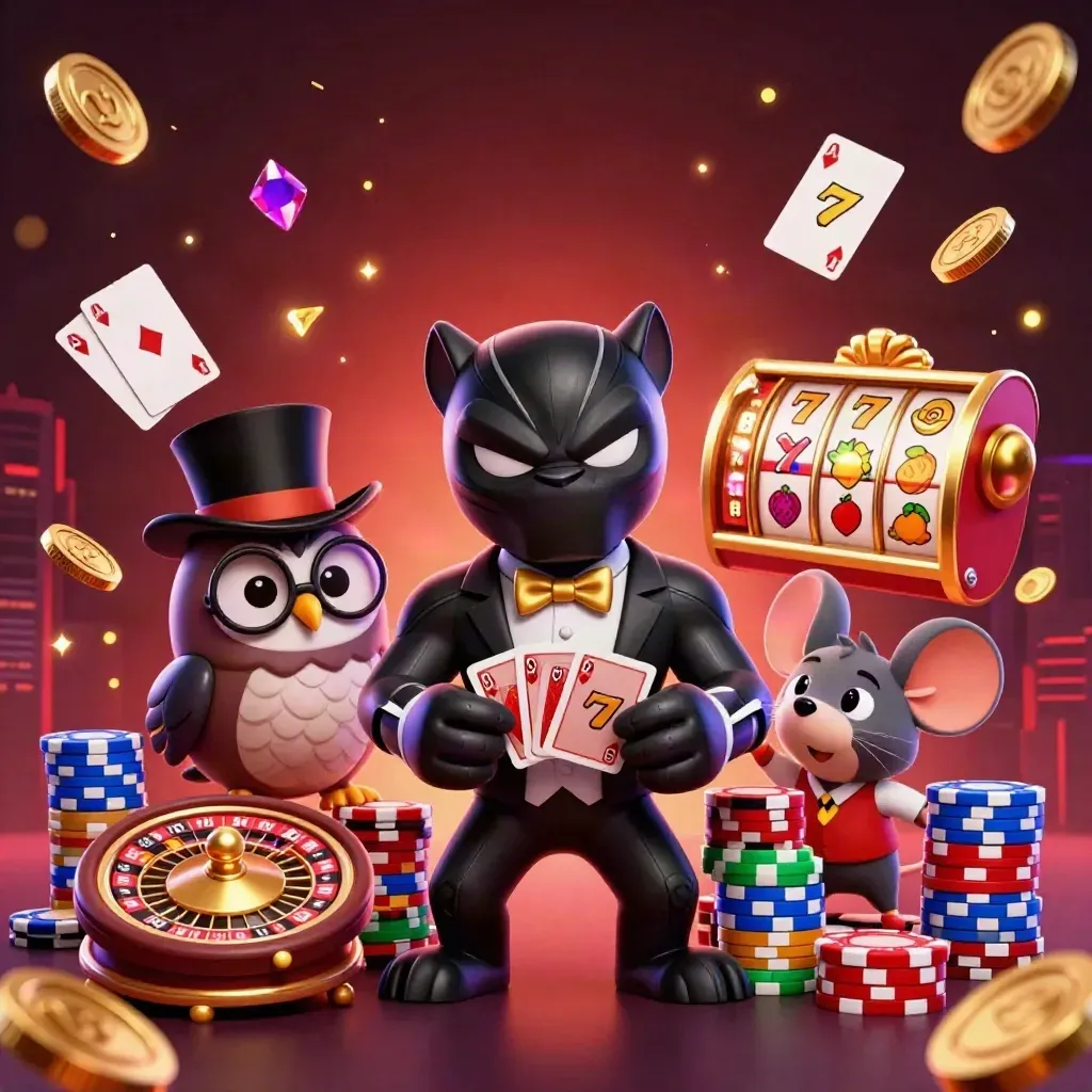 Panther, owl, and mouse amid chips, coins, roulette wheel, and slot symbols in neon casino magic.