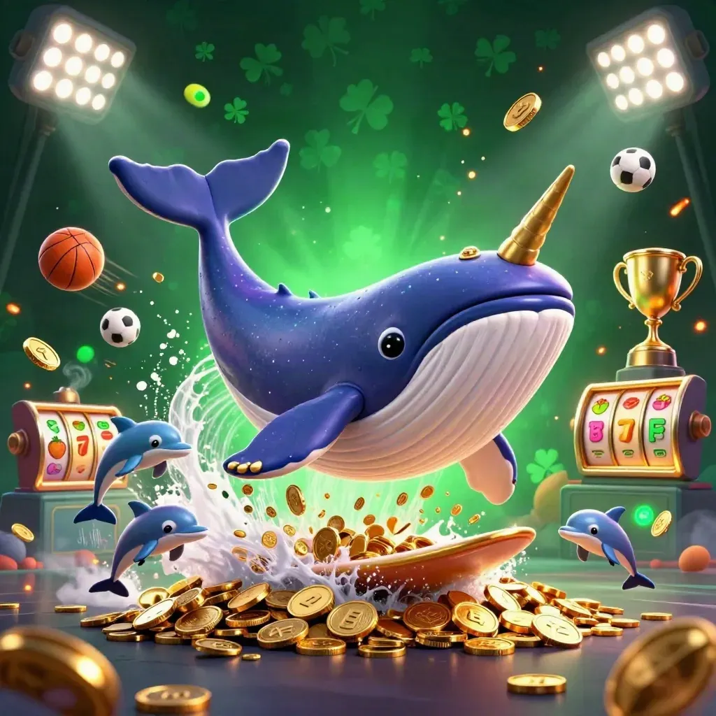 Captain whale, narwhal and dolphins burst through coins with slot reels and neon casino effects.