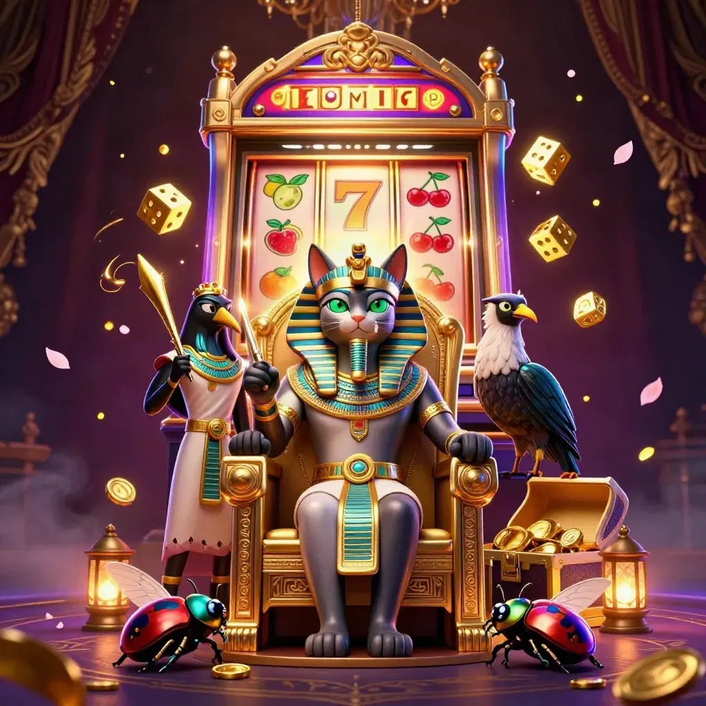 Pharaoh cat, ibis scribe, scarabs, and a bursting jackpot slot machine in luxe dark neon fantasy.